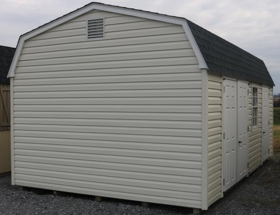 Pine Creek 12x20 HD Dutch Barn Barn with Classic Sand walls, White trim and, Charcoal shingles